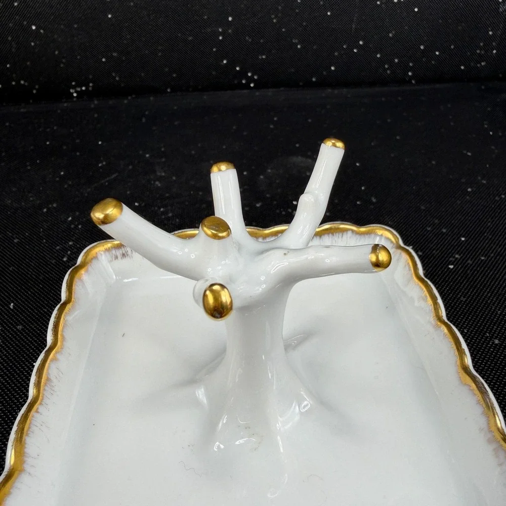 Limoges France Chamart Exclusive Porcelain Ring Holder Tree Gold Gilt White Tray